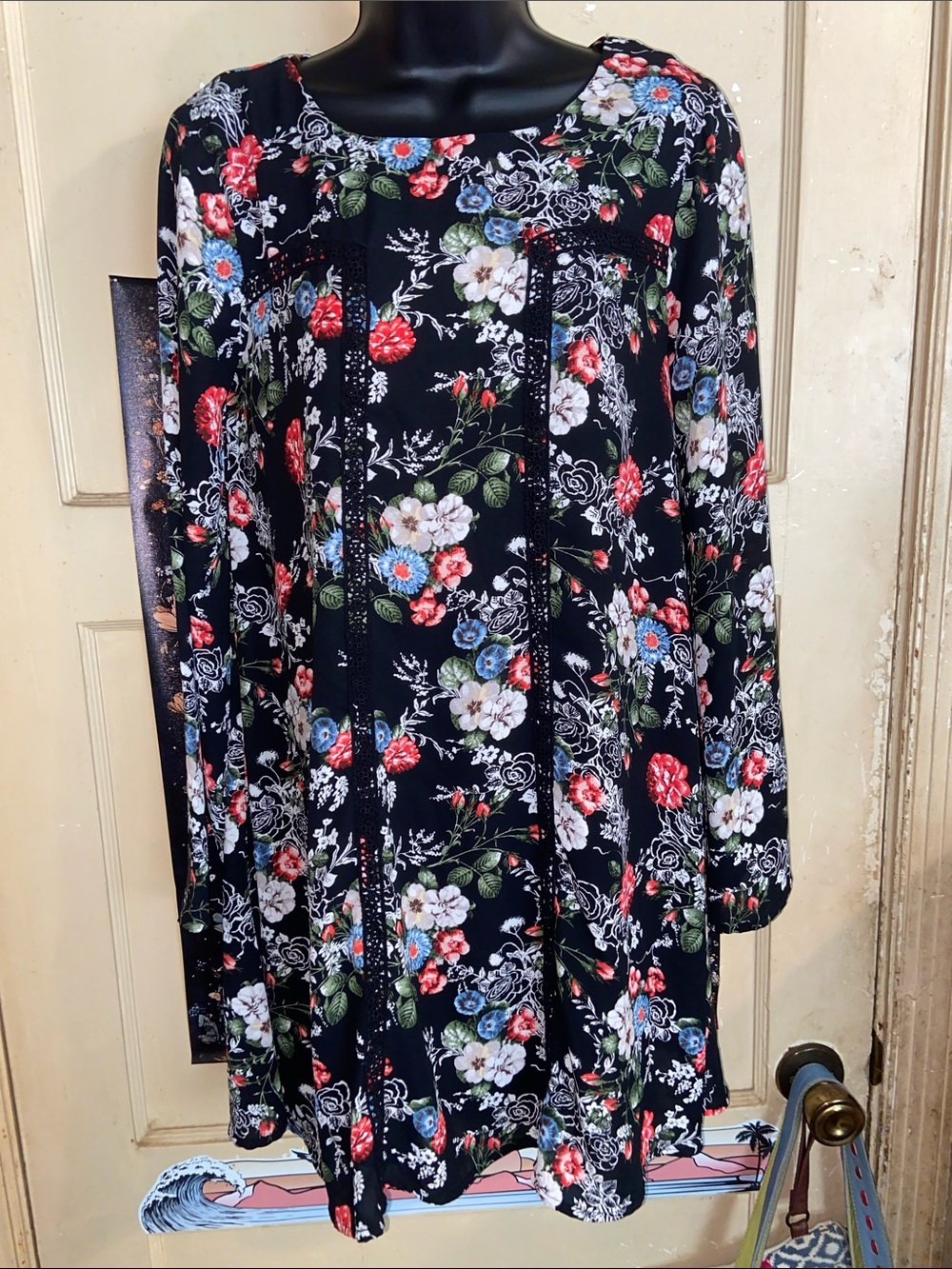 MI AMI BLACK FLORAL DRESS Long Sleeve Crochet Loose Fit